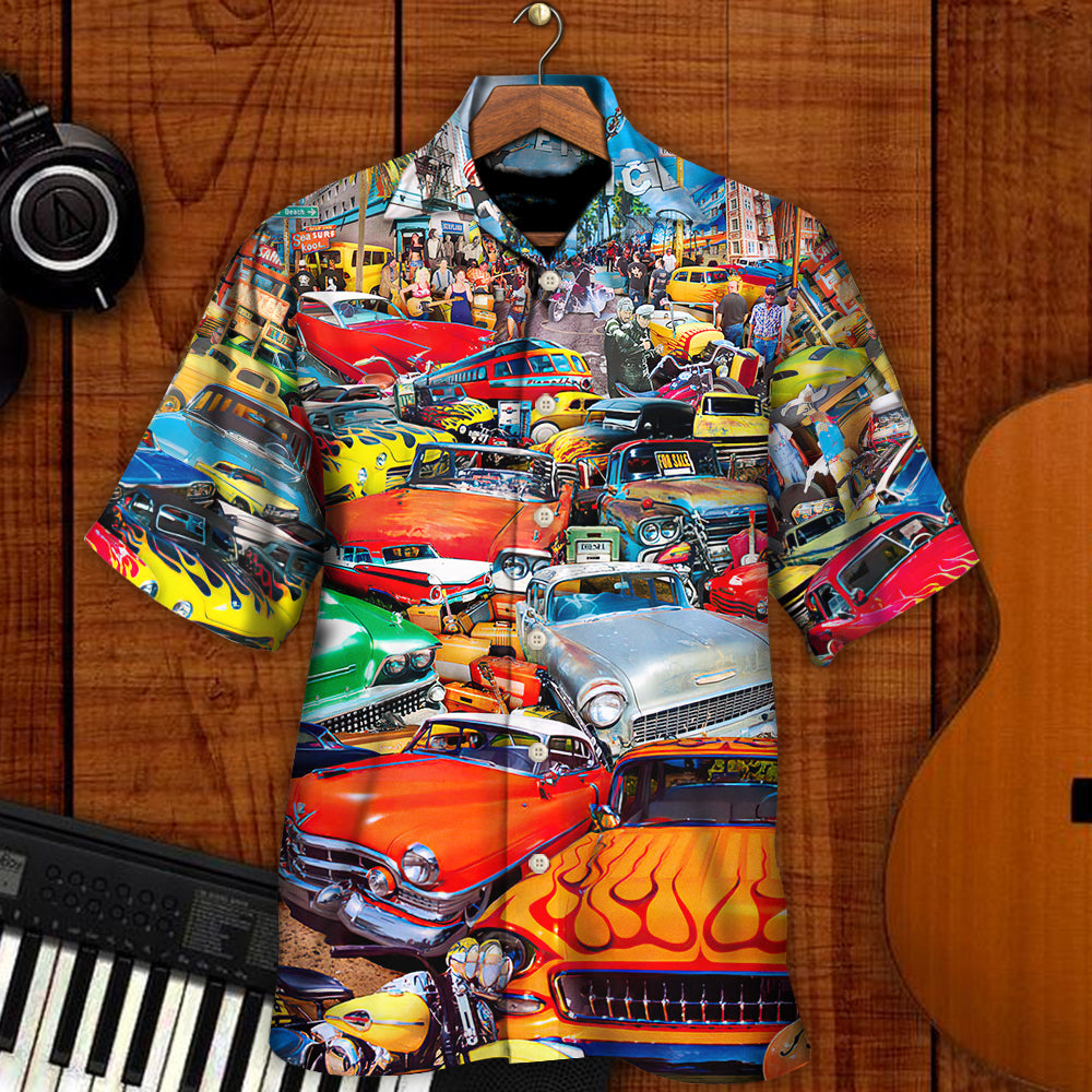 Retro Car Guitar Palm Trees Hawaiian Shirt Artwork Detail For Tropical Trips And Casual Outings