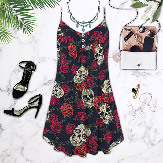 Skull Flowers Summer Tropical Limited 3 – Women's Summer Sleeveless V-Neck Camisole Dress