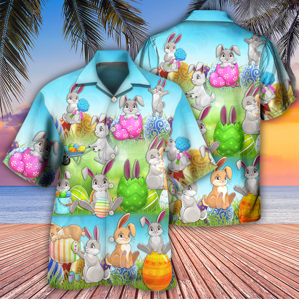 Colorful Easter Bunny Eggs Spring Hawaiian Shirt Artwork Detail For Resort Trips And Outdoor Activities