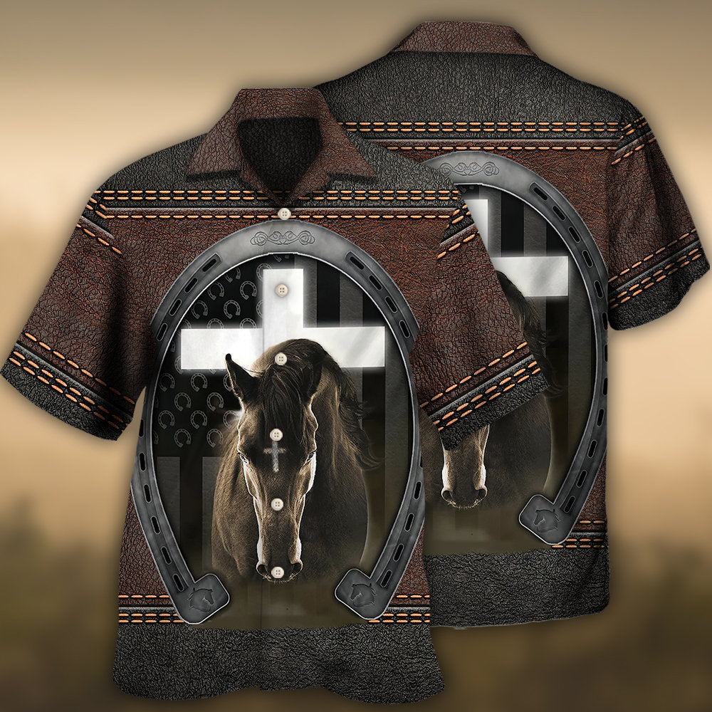 Western Horse Faith Leather Hawaiian Shirt Button Front Artwork For Island Holidays