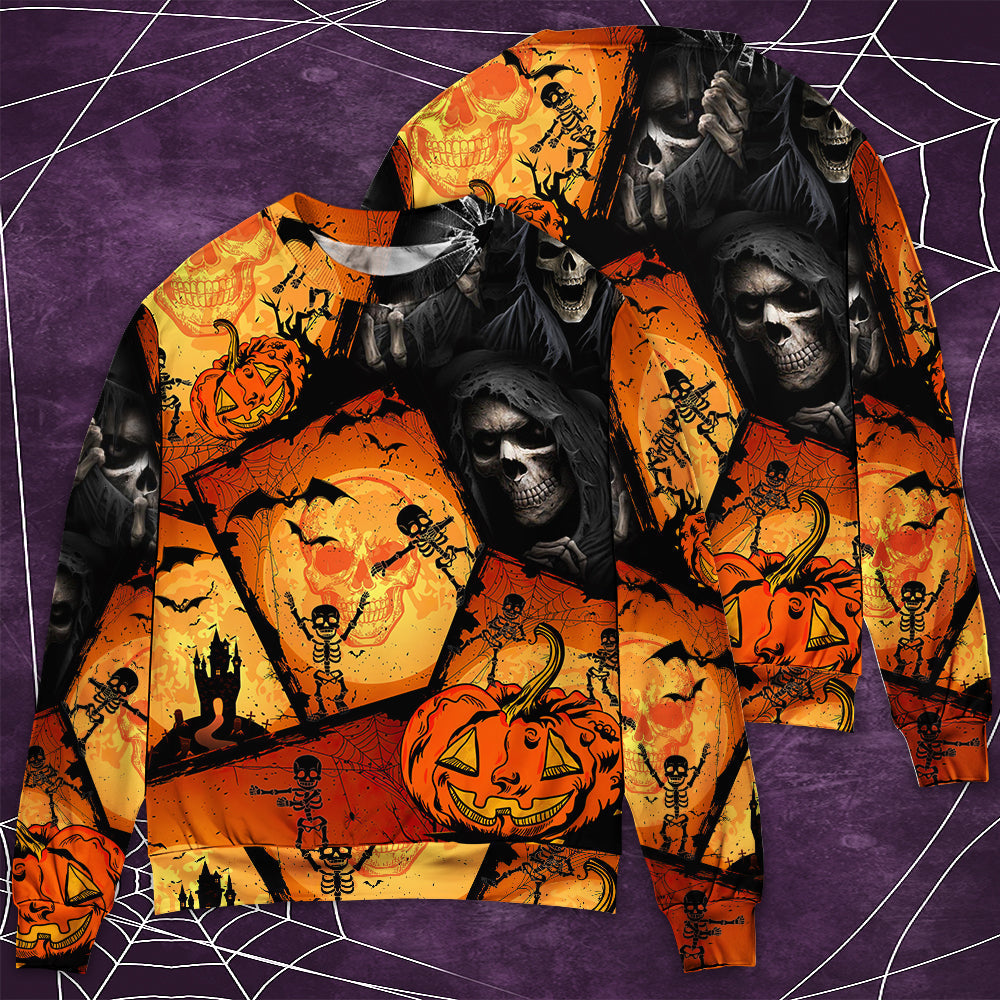Halloween Skull Pumpkin Night Sweater For Art Lovers Holidays Parties And Comfortable Wear