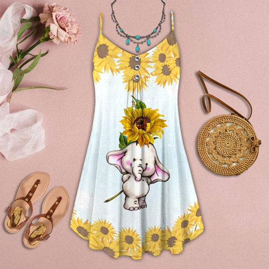 Elephant Sunflower Summer – Women's Summer Sleeveless V-Neck Camisole Dress