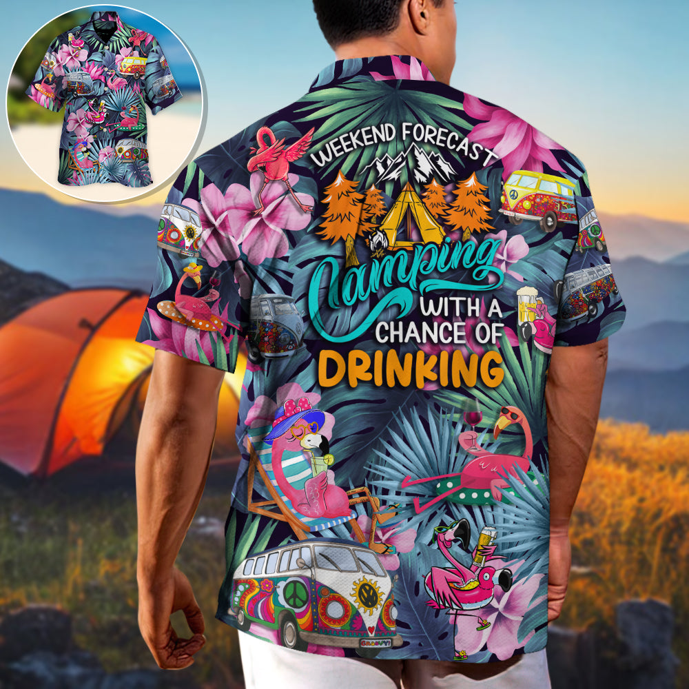 Funny Camping Flamingo Weekend Forecast Chance Hawaiian Shirt Design View For Warm Weather Events