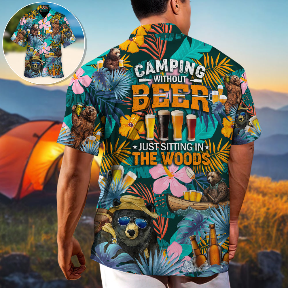 Funny Camping Bear Beer Sitting Woods Hawaiian Shirt Print Closeup For Weekend Trips