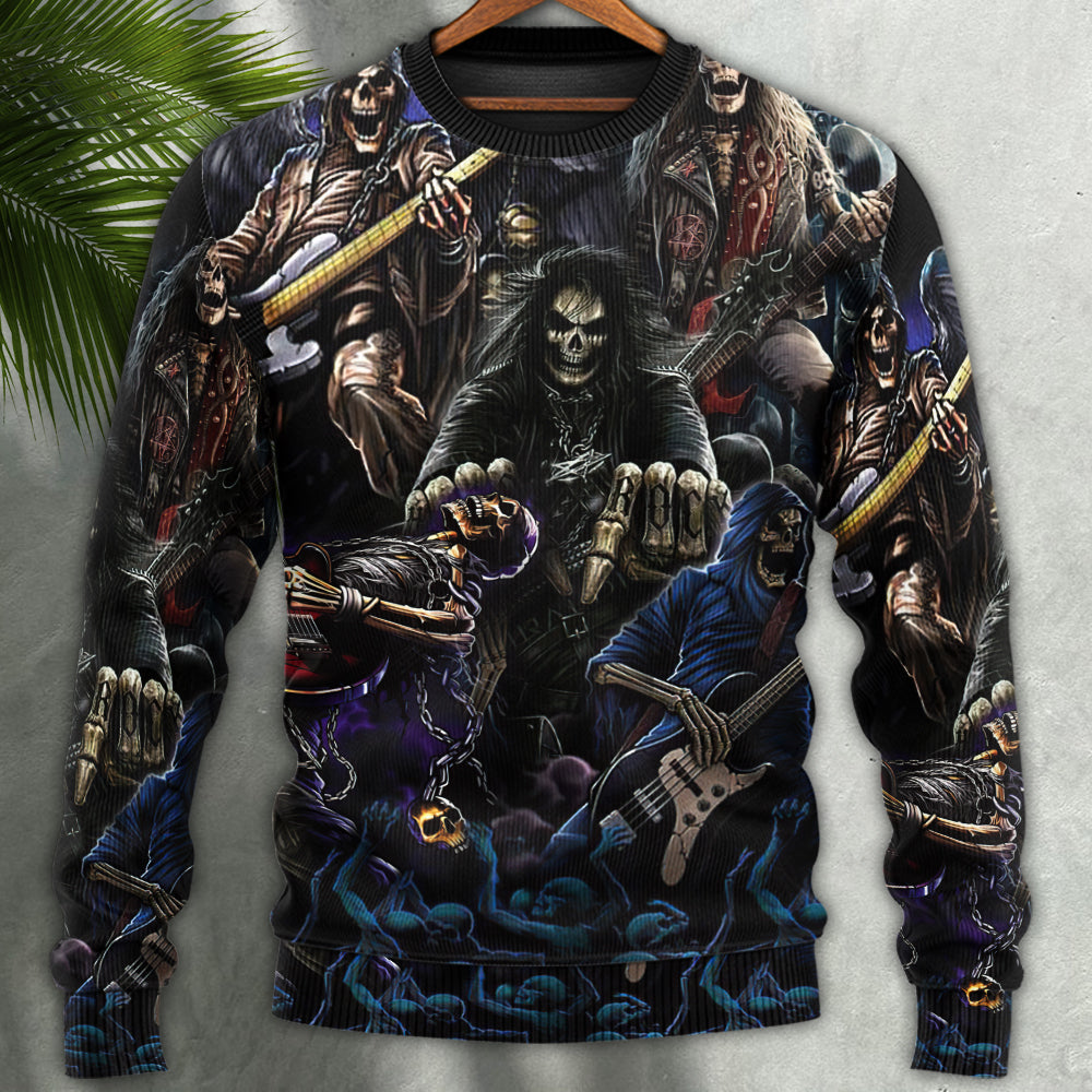 Dark Skull Guitar Sweater For Fantasy Fans Casual Outings And Weekend Adventures