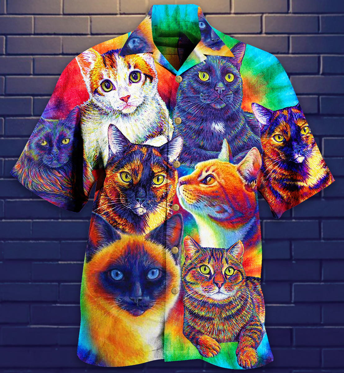 Cute Colorful Cat Hawaiian Shirt Artwork View For Weekend Travel And Beach Style