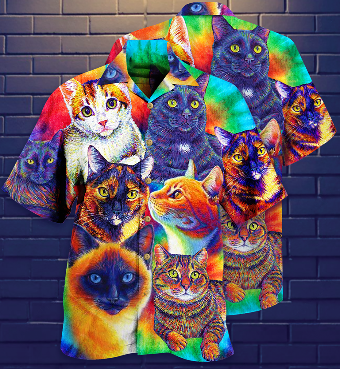 Cute Colorful Cat Hawaiian Shirt Design Detail For Sunny Adventures And Casual Wear