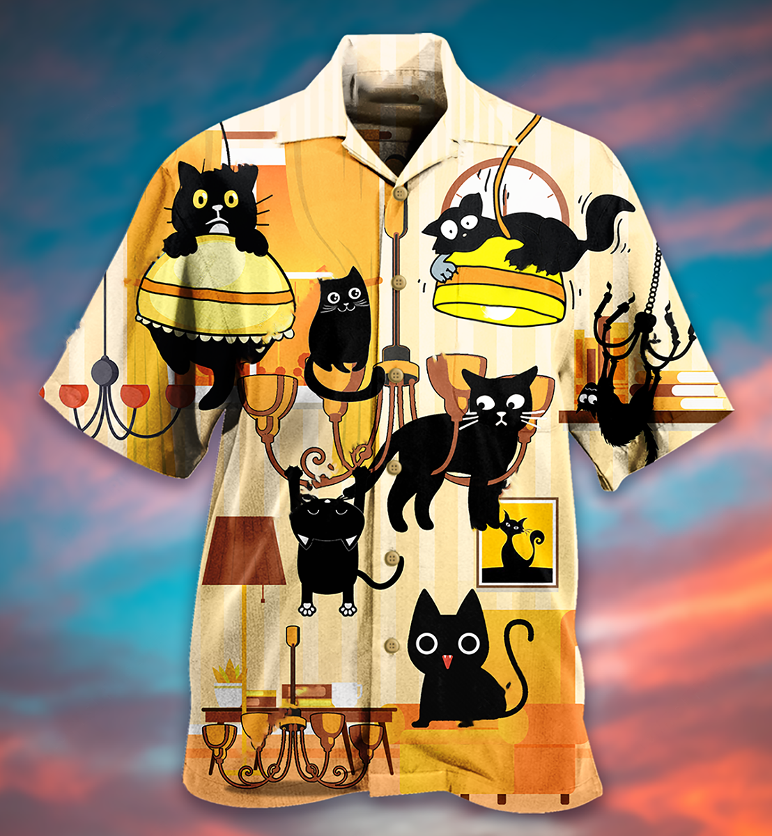 Black Yellow Cat Dinner Hawaiian Shirt Pattern View For Lightweight Everyday Style