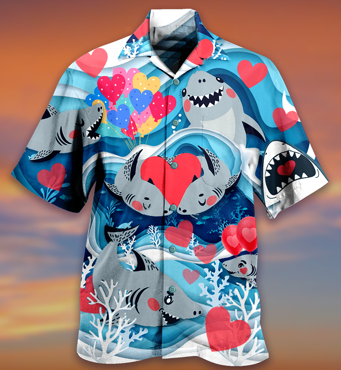 Shark Couple Hawaiian Shirt Design View For Casual Summer Styling