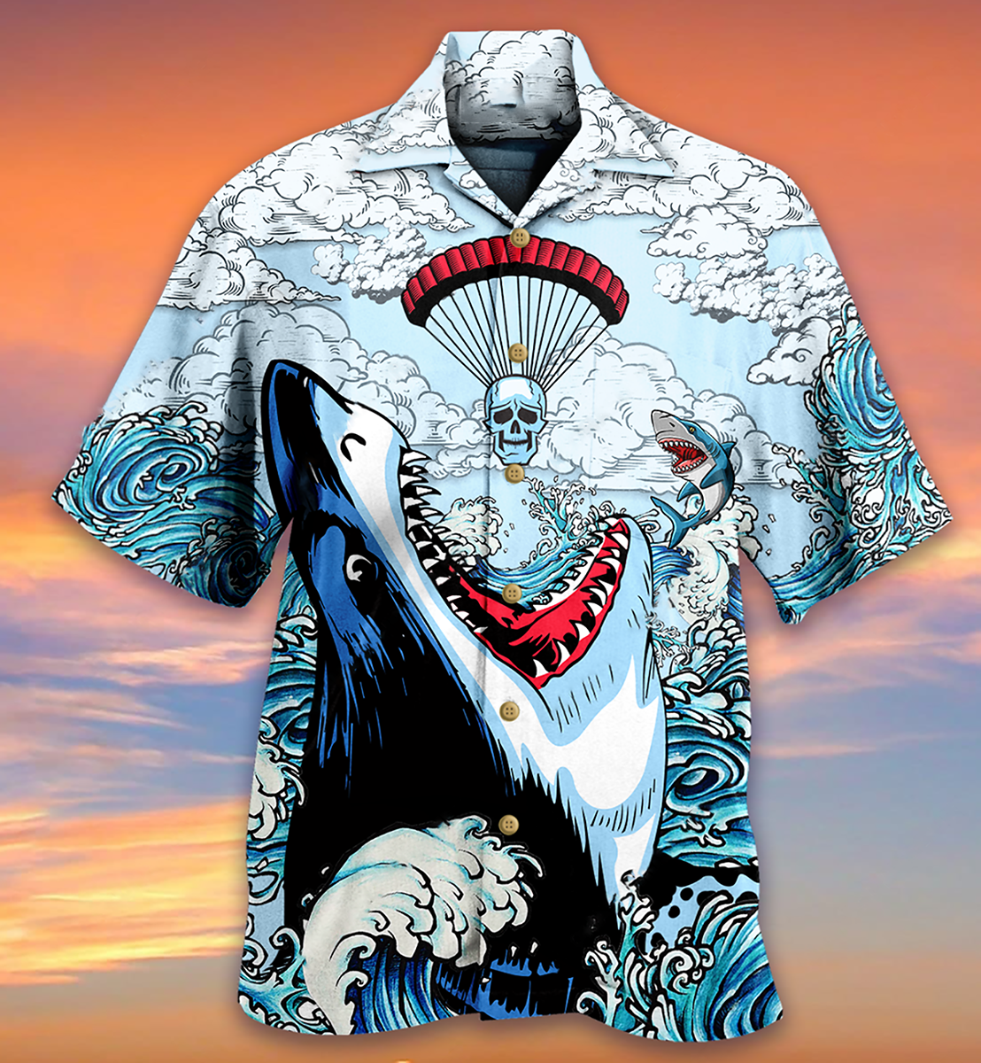 Skull Shark Hawaiian Shirt For Summer Vacation And Beach Travel