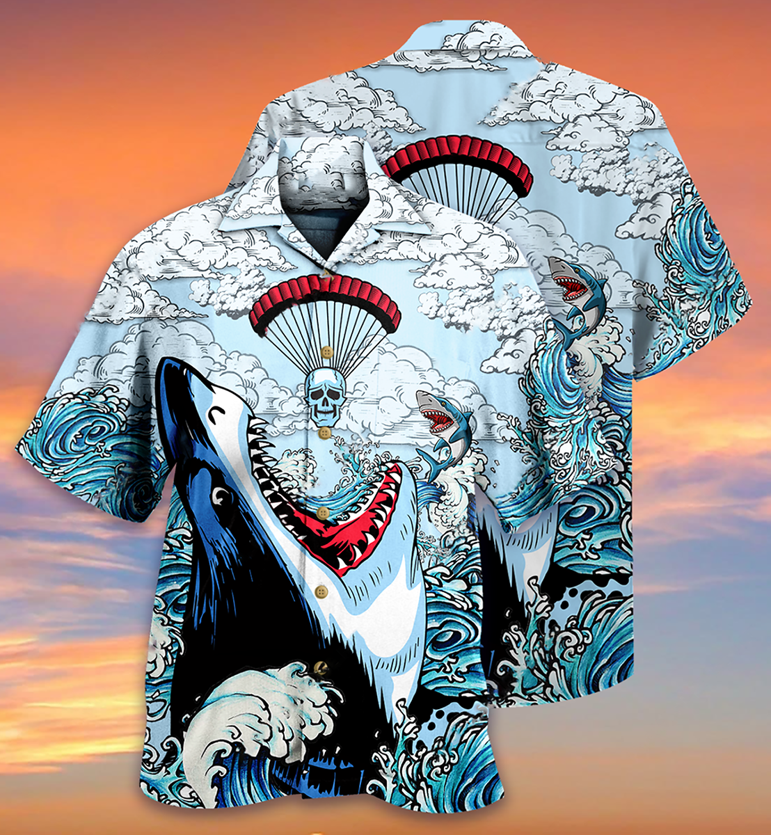 Skull Shark Hawaiian Shirt Pattern View For Relaxed Warm Weather Outfits