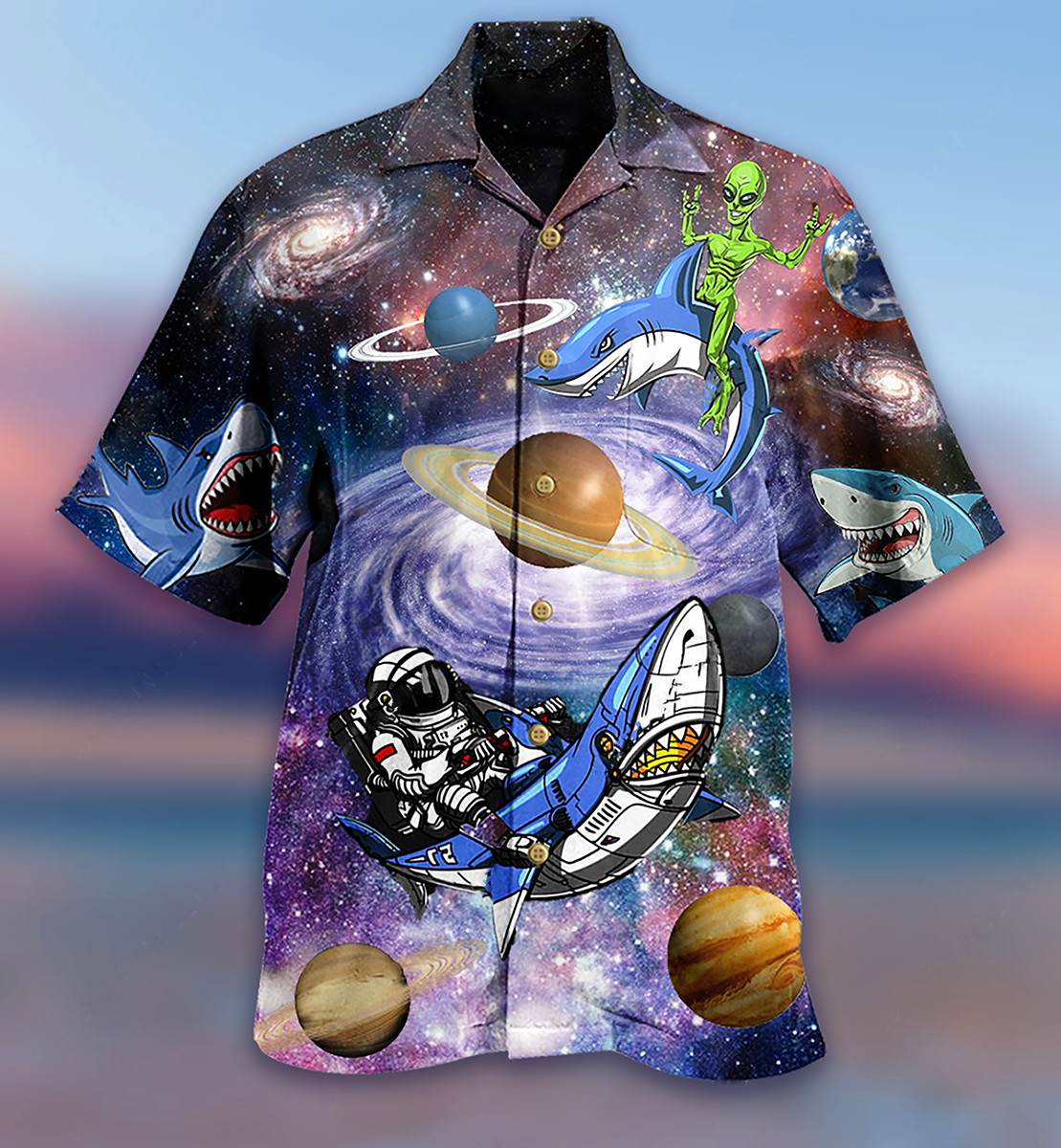 Alien Shark Space Hawaiian Shirt Design View For Resort Travel And Thoughtful Gifting