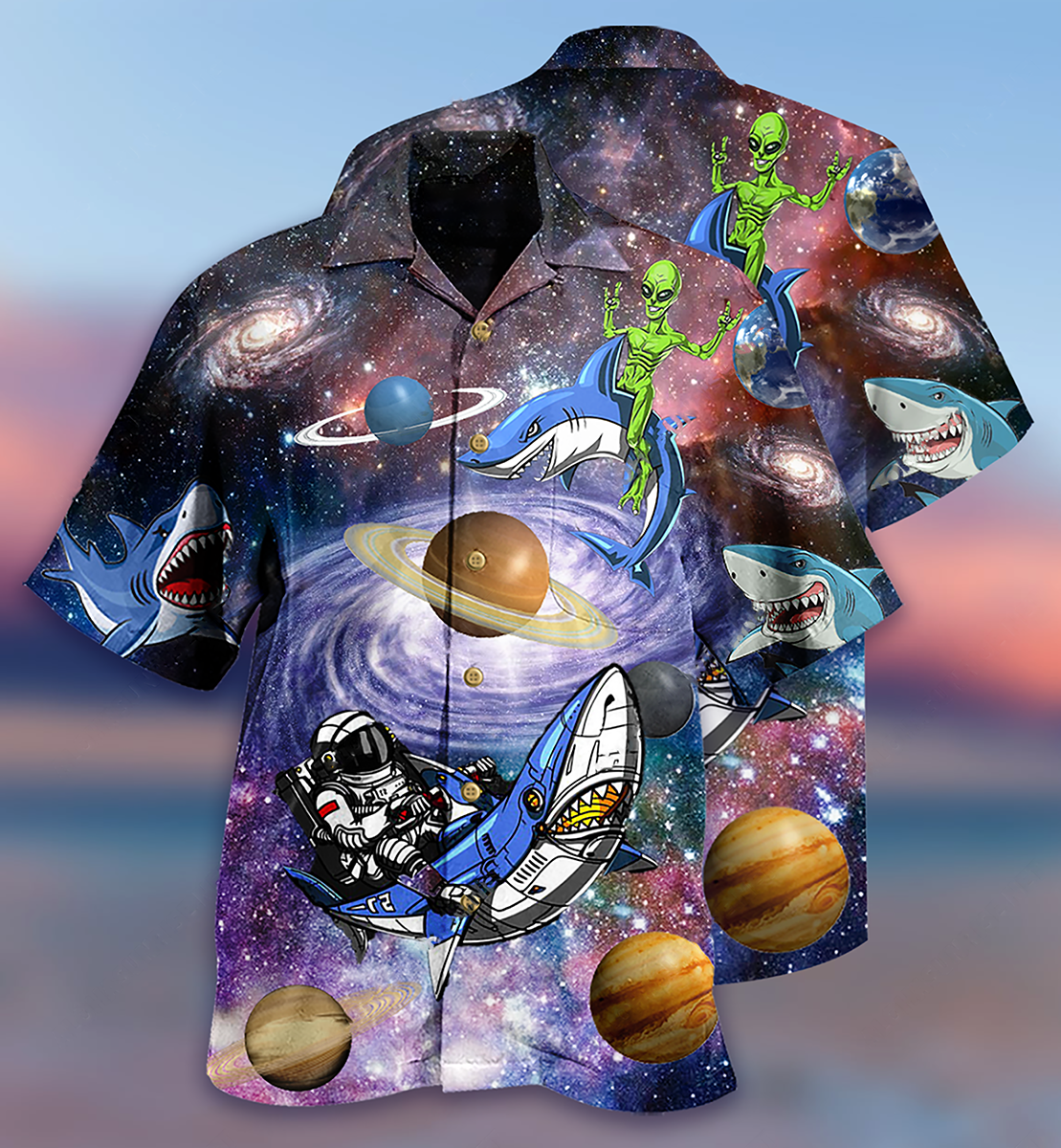 Alien Shark Space Hawaiian Shirt Pattern Detail For Summer Holidays And Outdoor Fun