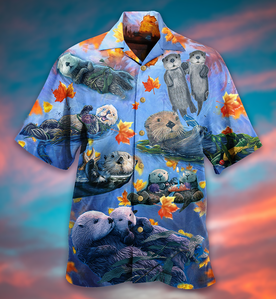 Happy Otter Couple Hawaiian Shirt Pattern Detail For Vacation Travel And Daily Wear