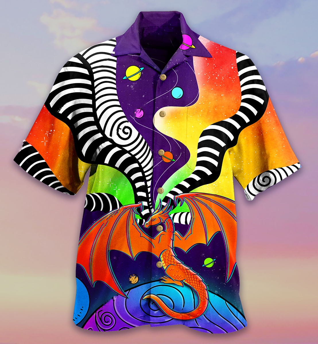 Colorful Dragon Galaxy Hawaiian Shirt Artwork View For Coastal Escapes And Resort Style