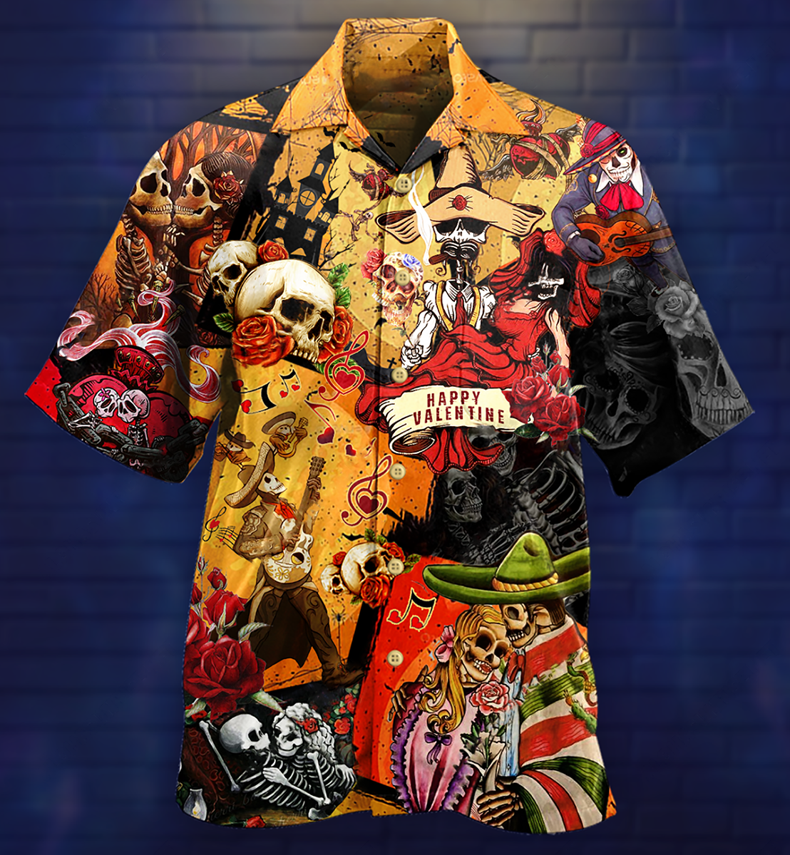 Skull And Valentine Hawaiian Shirt With All Over Print For Tropical Parties Vacation Travel And Casual Summer Style
