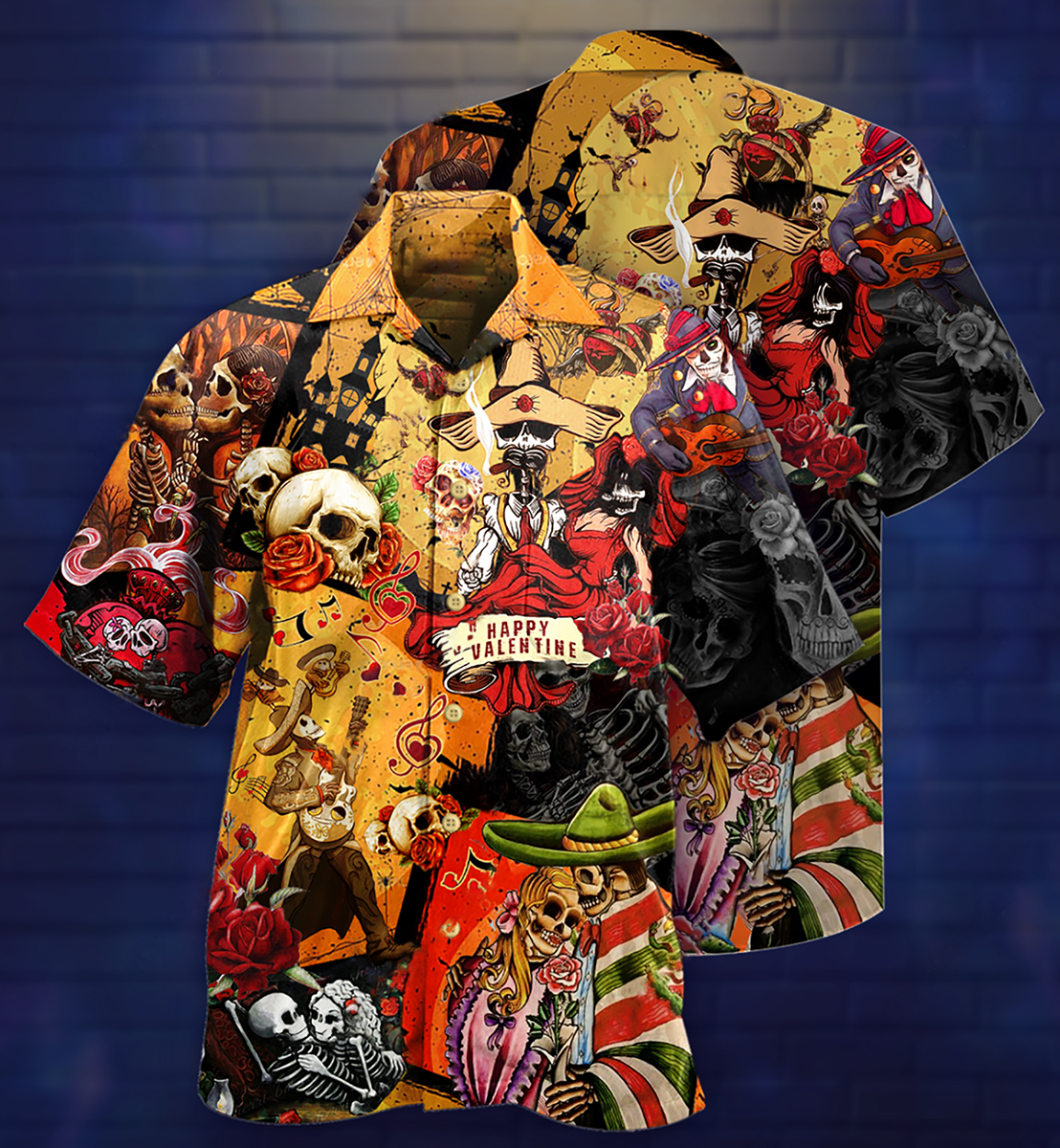 Skull And Valentine Hawaiian Shirt With Detailed Graphic For Tropical Parties Vacation Travel And Casual Summer Style