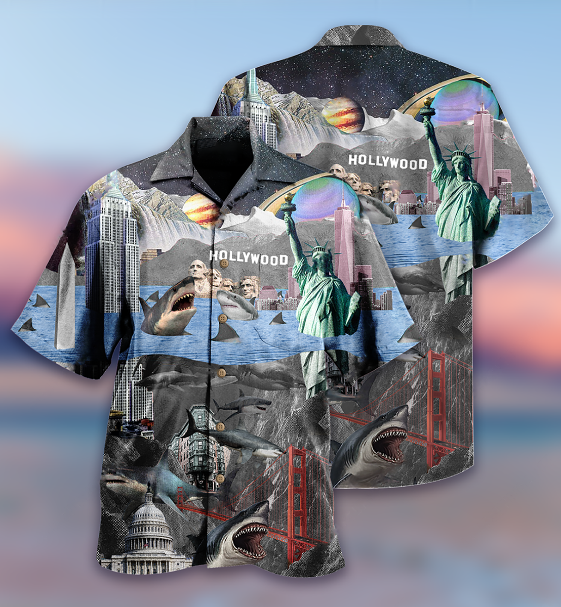 Shark American Hollywood Hawaiian Shirt Pattern View For Lightweight Everyday Style