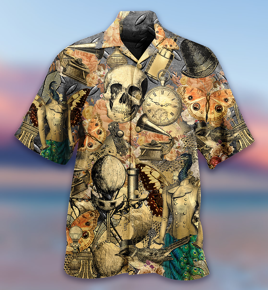 Retro Skull Hawaiian Shirt Design Detail For Beach Days And Holiday Travel