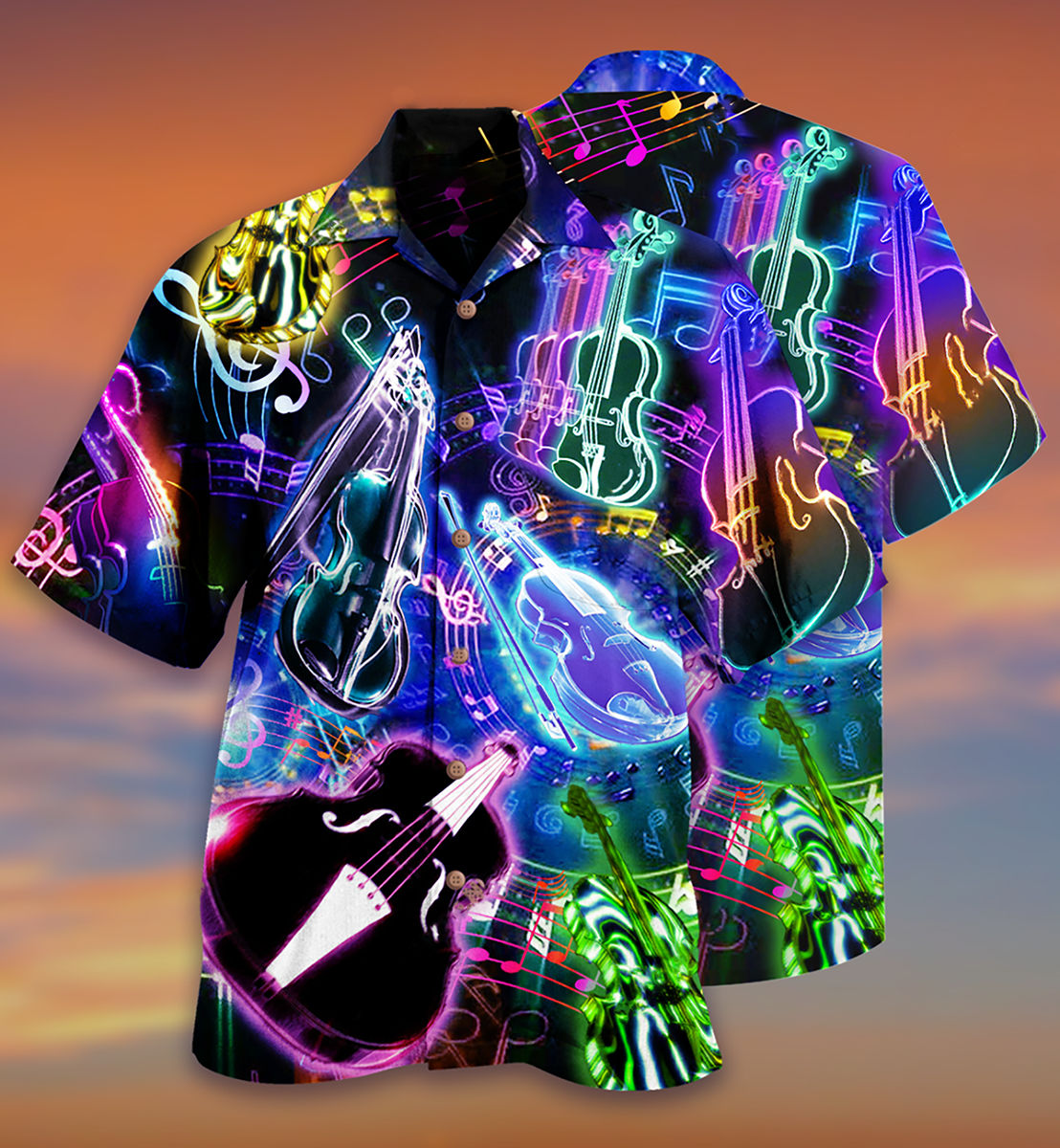 Neon Violin Music Hawaiian Shirt Pattern View For Relaxed Warm Weather Outfits