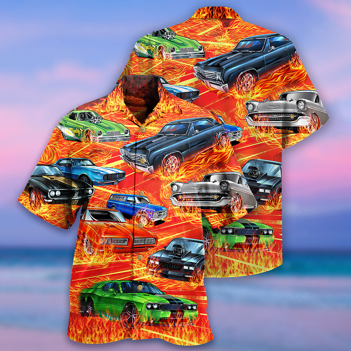 Car Fire Hawaiian Shirt Artwork View For Weekend Travel And Beach Style