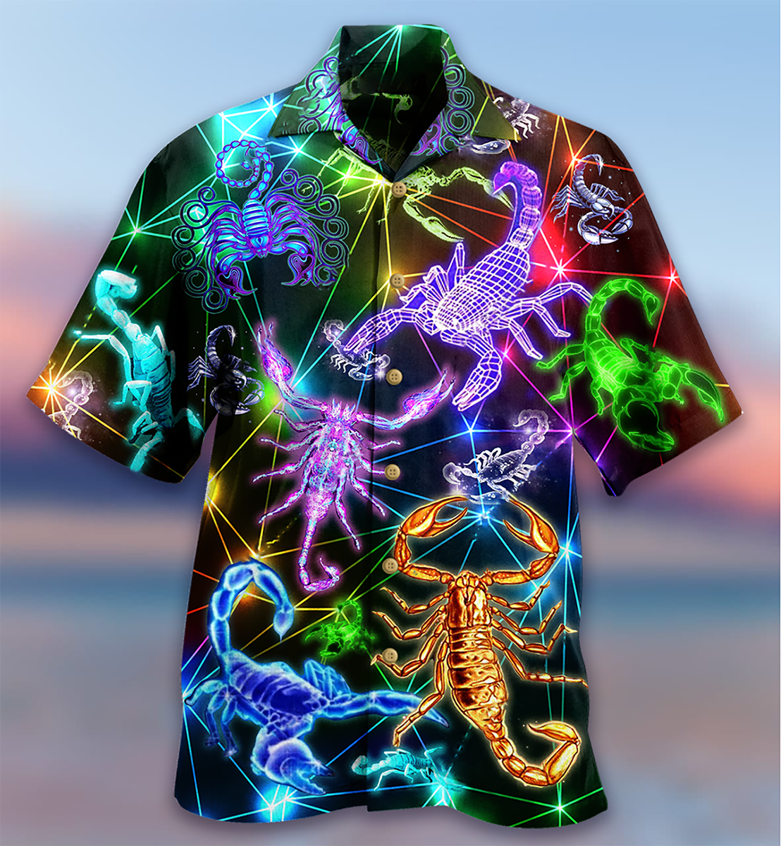 Neon Colorful Scorpion Hawaiian Shirt With All Over Print For Summer Travel Coastal Events And Thoughtful Gift Giving