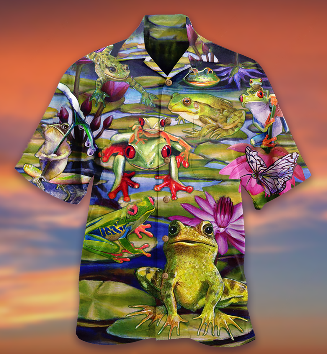 Frog Lake Hawaiian Shirt Pattern Detail For Vacation Travel And Daily Wear