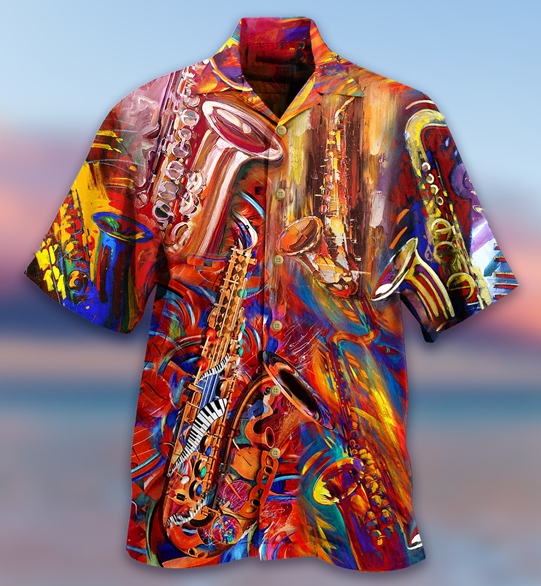 Saxophone Music Hawaiian Shirt Artwork Detail For Resort Trips And Outdoor Activities