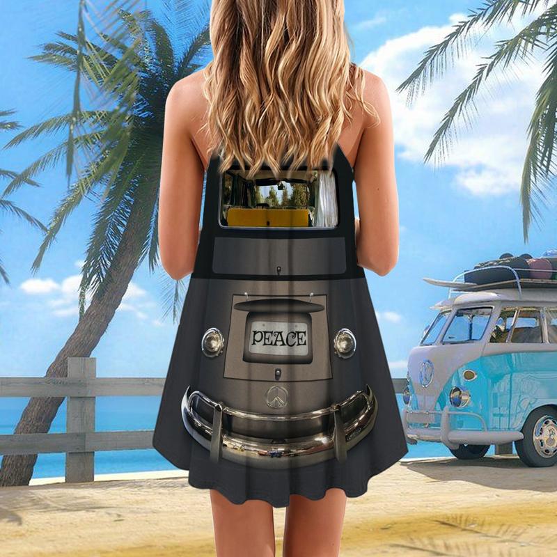 Hippie Van Retro V-Neck Sleeveless Cami Dress For Vacations And Artistic Everyday Fashion