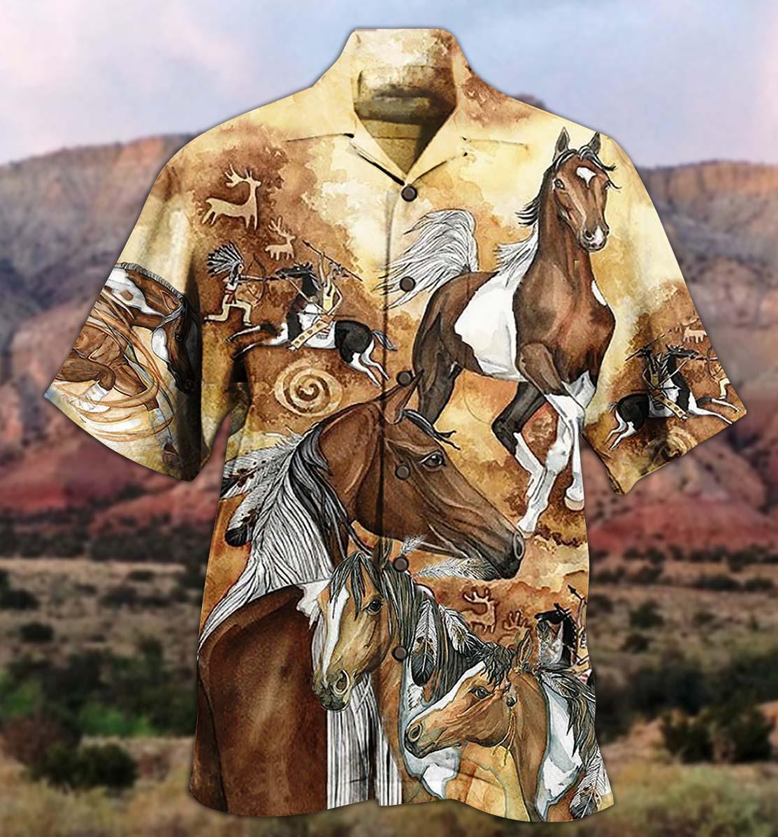 Bohemian Vintage Horses Run Away Hawaiian Shirt For Vacation Days And Relaxed Coastal Outings
