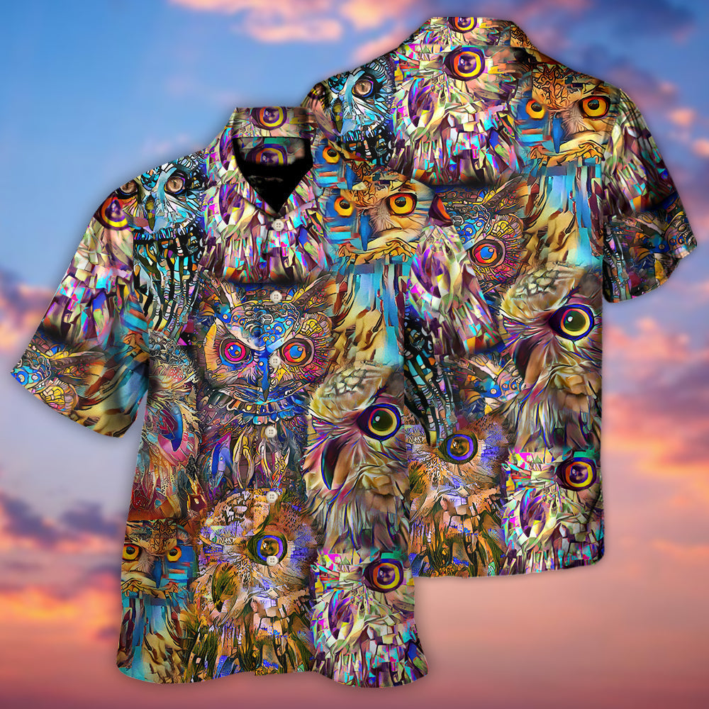 Neon Colorful Owl Wild Animal Hawaiian Shirt Artwork View For Weekend Travel And Beach Style