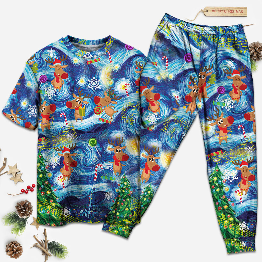 Happy Dancing Reindeer Christmas Short Sleeve Pajamas Set For Christmas Mornings And Relaxed Lounging