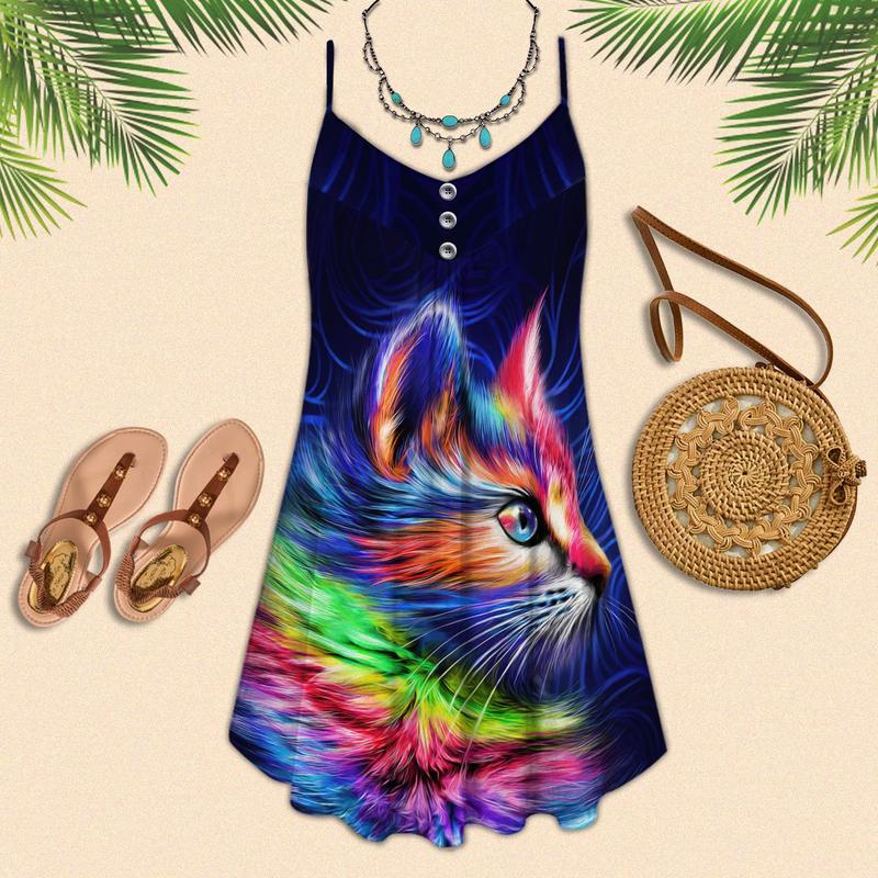 Cats Love V-Neck Sleeveless Cami Dress For Outdoor Events And Comfortable Summer Outfits