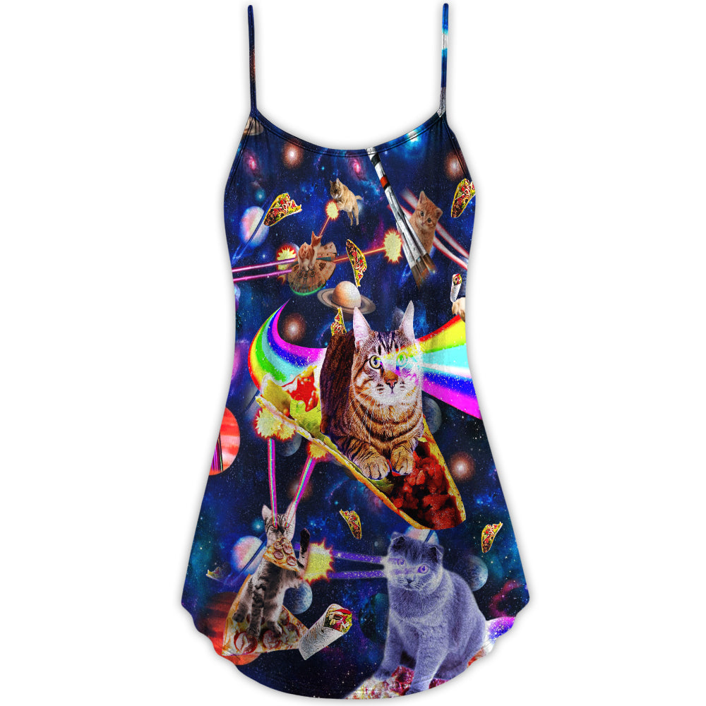 Space Galaxy Cat Ride V-Neck Sleeveless Cami Dress For Festivals And Imaginative Casual Styling