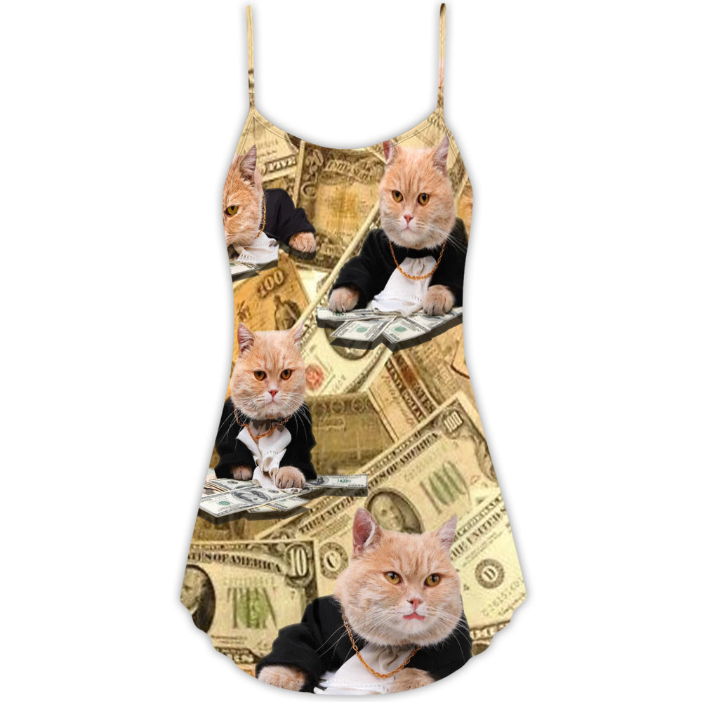 Vintage Money Cat Style V-Neck Sleeveless Cami Dress For Summer Vacations Festivals And Casual Everyday Wear