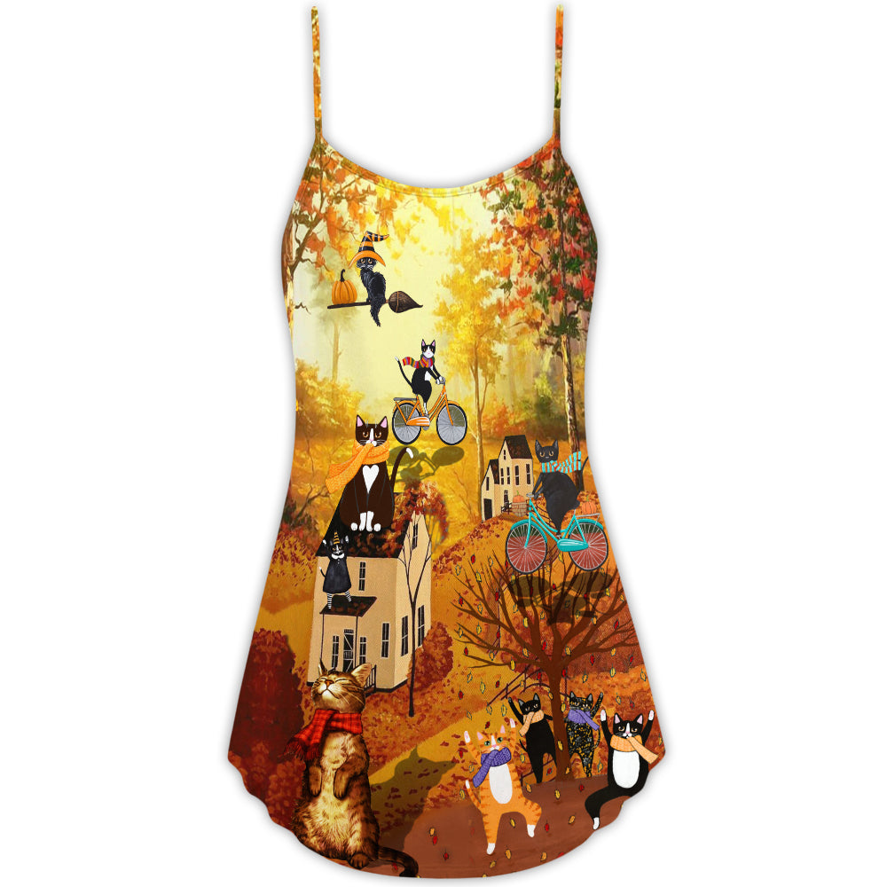 Happy Fall Y'all Cat V-Neck Sleeveless Cami Dress For Summer Vacations Festivals And Playful Casual Styling