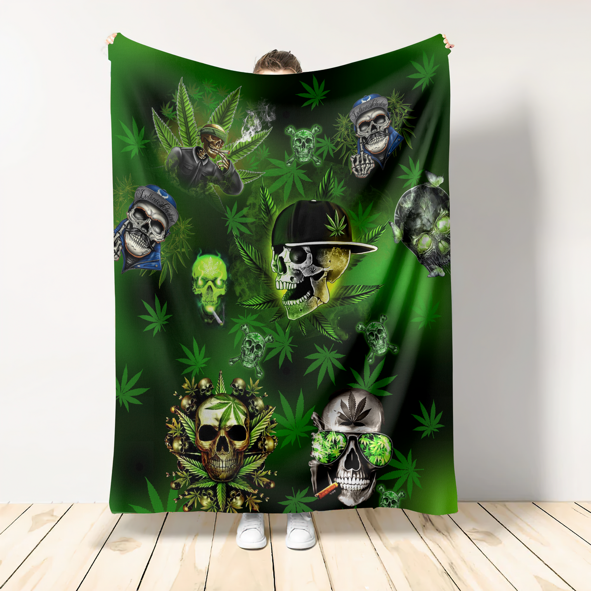 Green Skull Art Flannel Blanket For Cozy Bedroom Sofa Decor