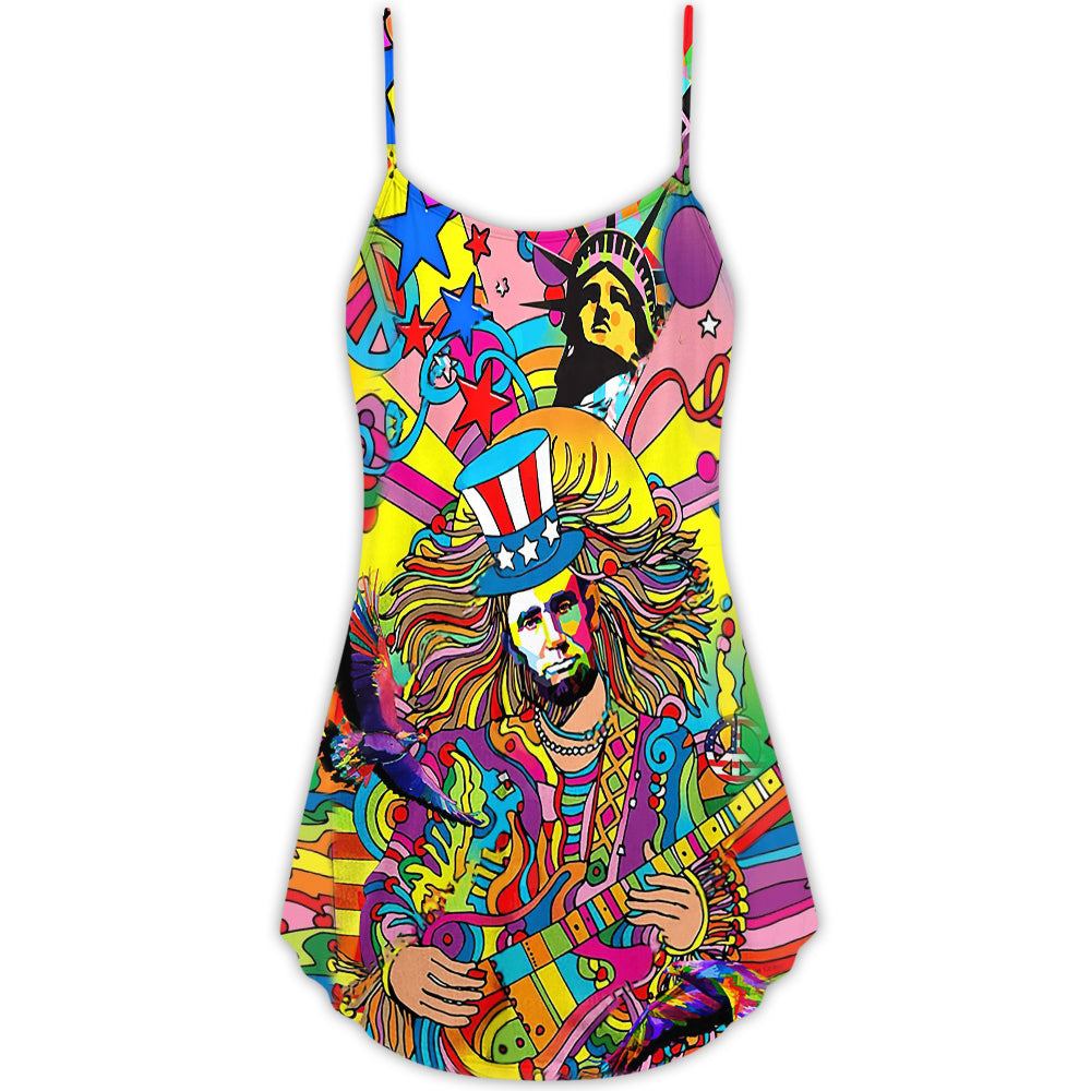 Hippie Patriotic Colorful Style V-Neck Sleeveless Cami Dress For Festivals Travel And Relaxed Casual Summer Wear