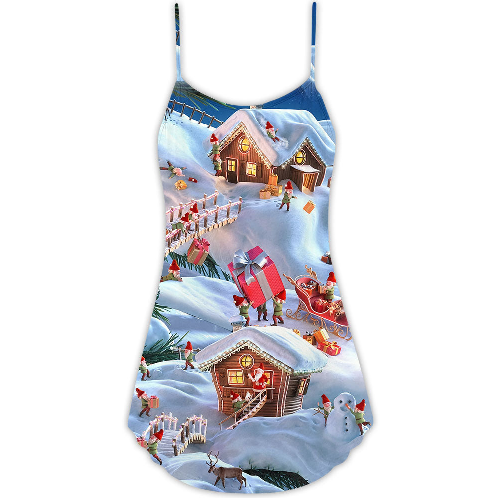 Santa And Gnome Merry Christmas V-Neck Sleeveless Cami Dress For Festive Events And Casual Summer Styling