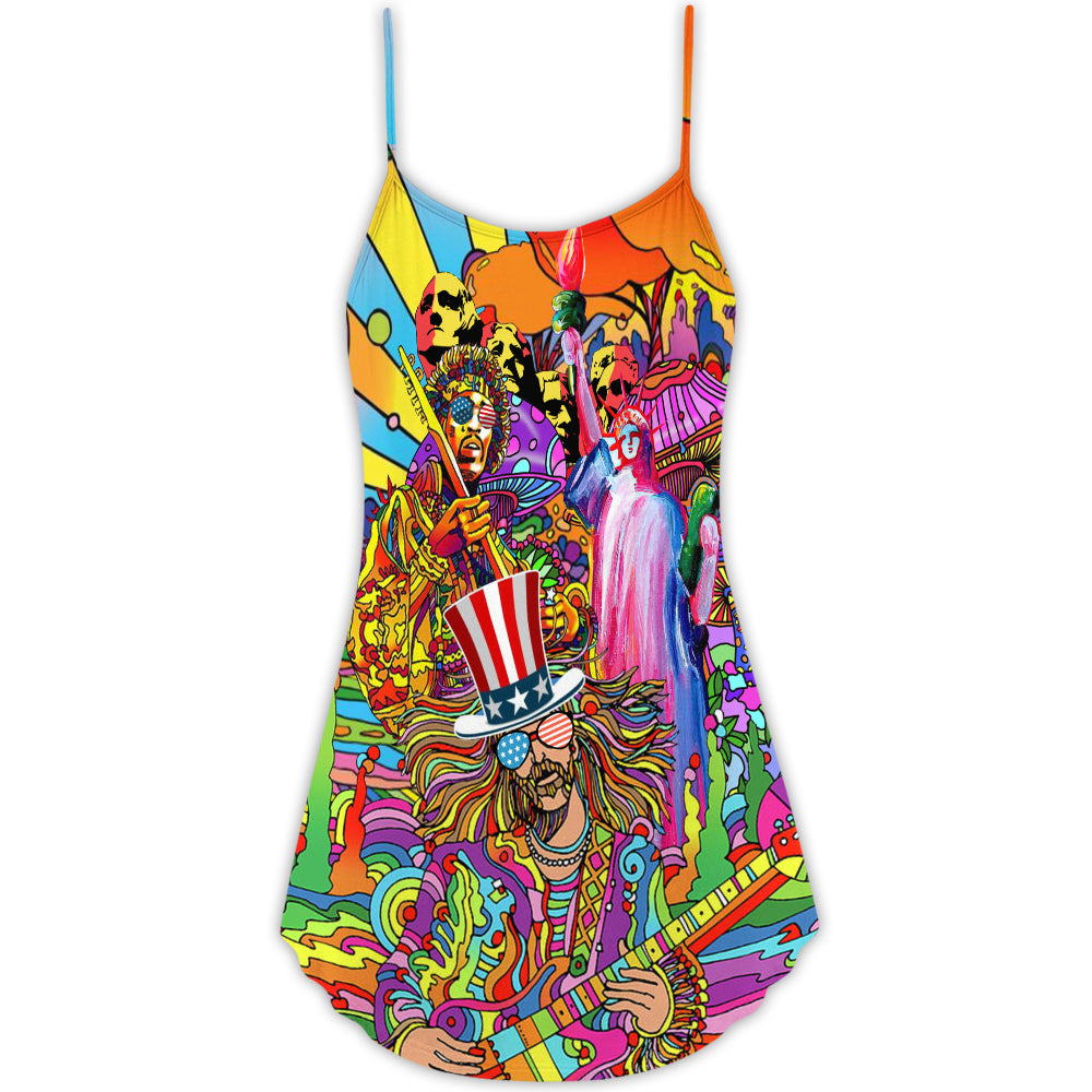 Hippie Patriotic Cool Style V-Neck Sleeveless Cami Dress For Summer Getaways Parties And Expressive Hippie Style