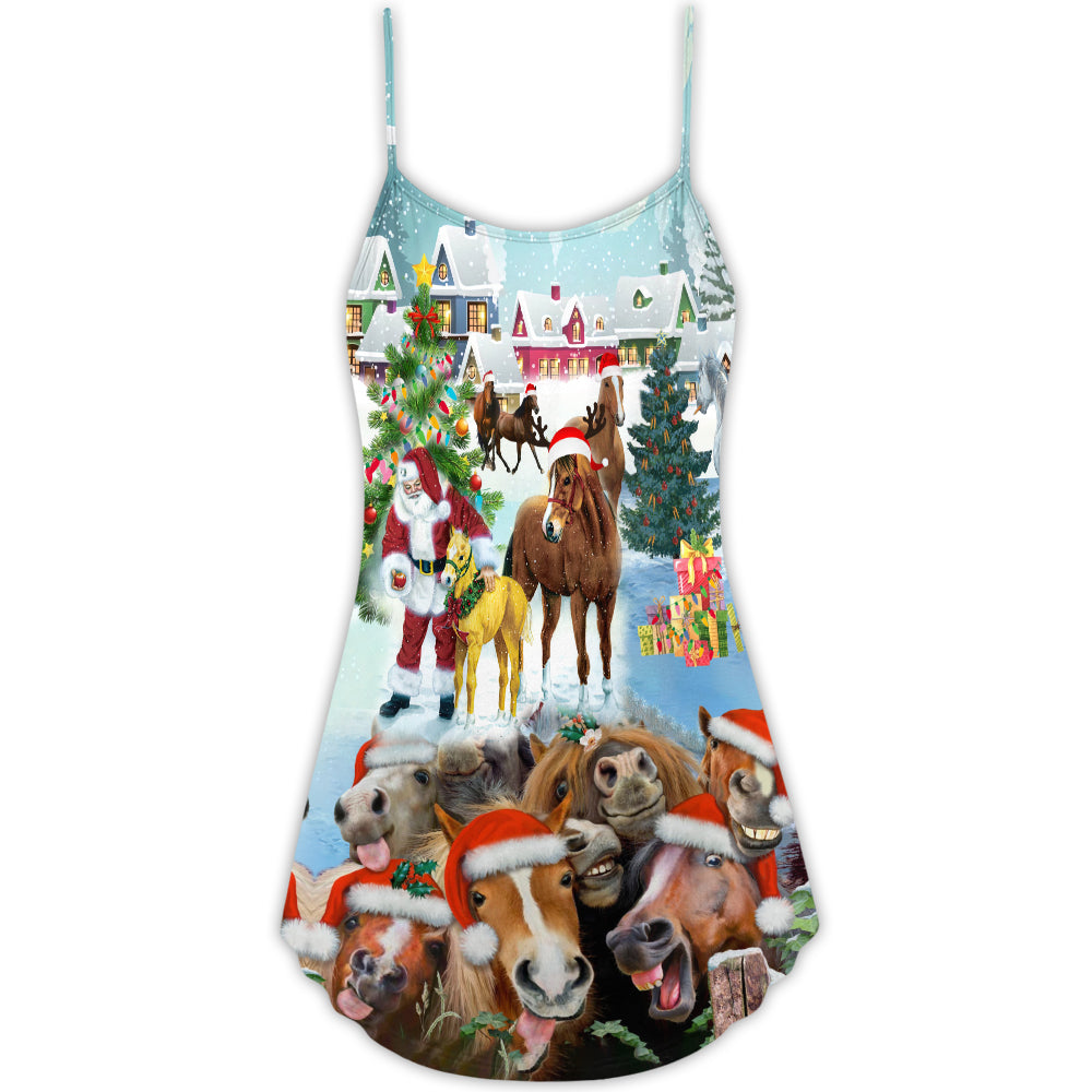 Happy Christmas Horse Theme V-Neck Sleeveless Cami Dress For Beach Trips Parties And Relaxed Warm Weather Style
