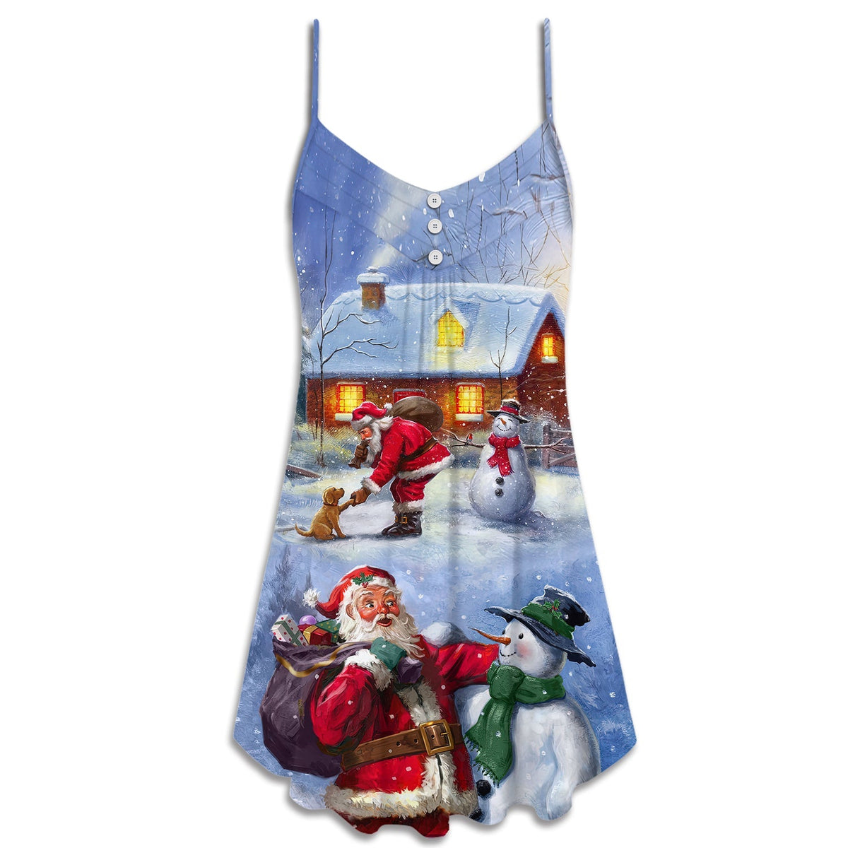 Santa Snowman Village Gift V-Neck Sleeveless Cami Dress For Holiday Parties And Relaxed Vacation Wear