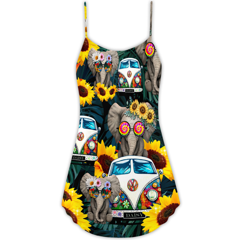 Hippie Elephant Camping Vibes V-Neck Sleeveless Cami Dress For Summer Events And Comfortable Everyday Style