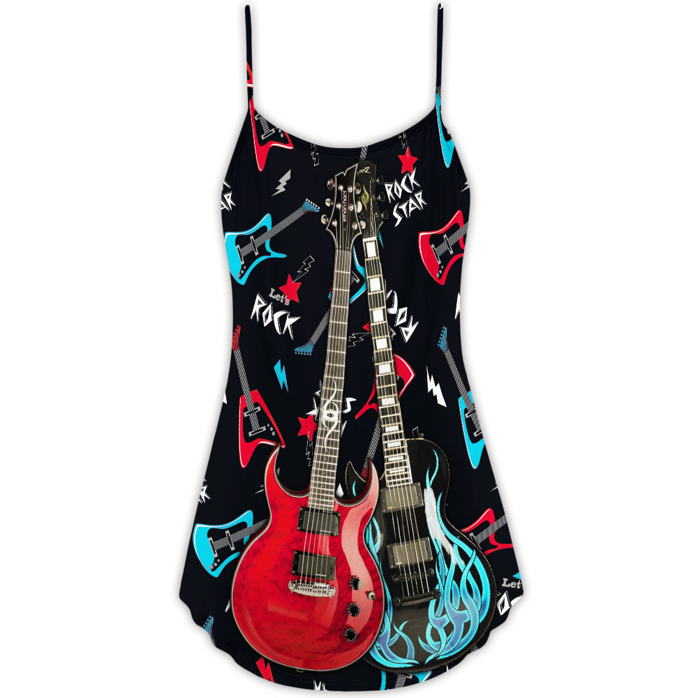 Guitar All I Need Is Music V-Neck Sleeveless Cami Dress For Festivals Travel And Relaxed Casual Summer Wear