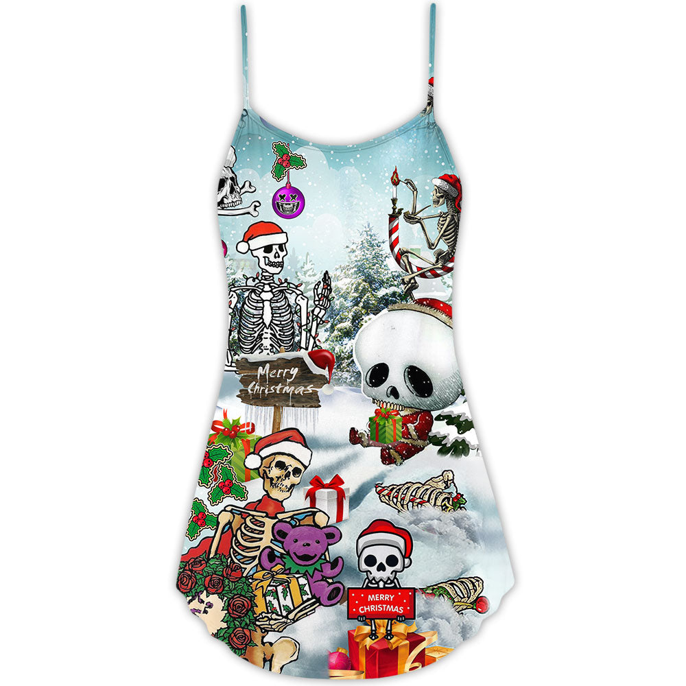 Skull Christmas Snow Vibe V-Neck Sleeveless Cami Dress For Vacations Parties And Expressive Warm Weather Styling