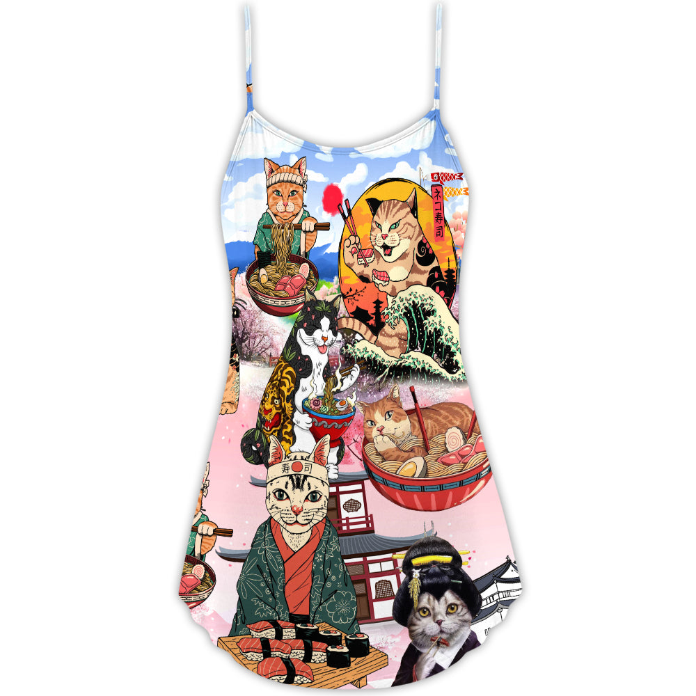 Samurai Cat With Ramen V-Neck Sleeveless Cami Dress For Vacations Parties And Expressive Warm Weather Styling