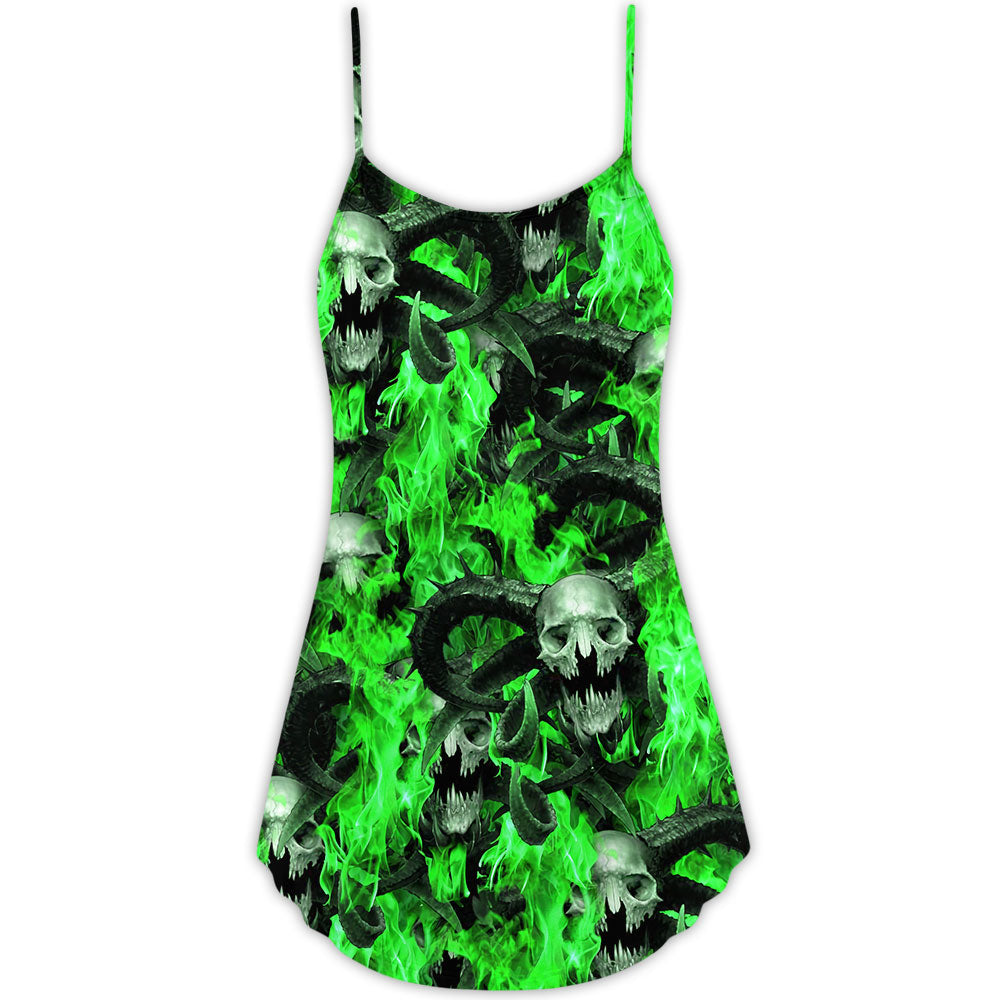 Green Flame Skull Burn V-Neck Sleeveless Cami Dress For Festivals Travel And Relaxed Casual Summer Wear