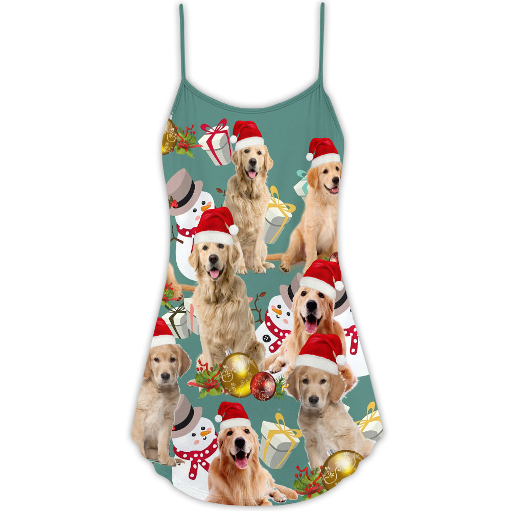 Christmas Golden Retriever Holiday Cheer V-Neck Sleeveless Cami Dress For Vacations And Casual Warm Weather Wear