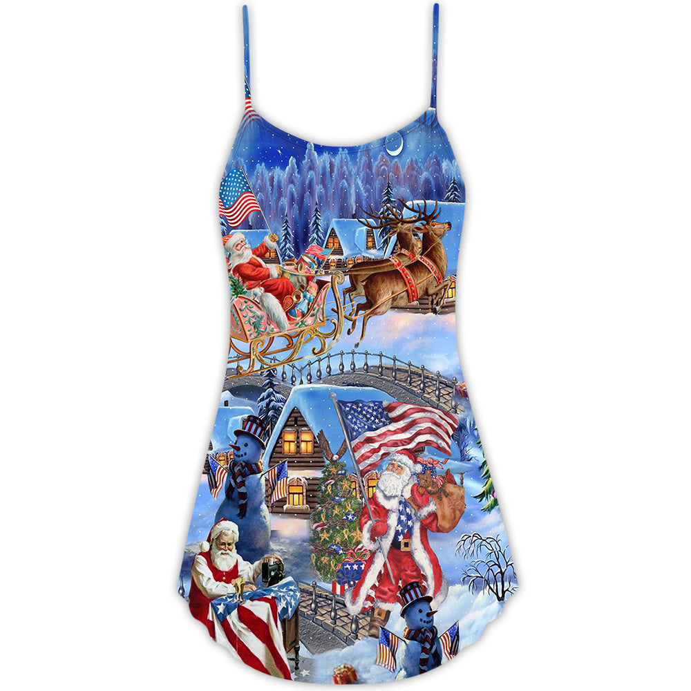 Christmas Patriotic Santa Theme V-Neck Sleeveless Cami Dress For Vacations And Casual Warm Weather Wear