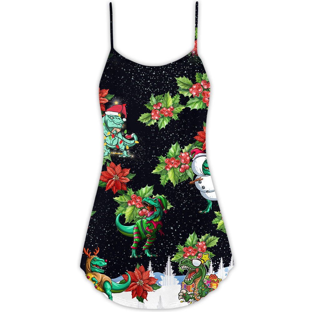 Dinosaur Funny Merry Christmas V-Neck Sleeveless Cami Dress For Festivals Travel And Relaxed Casual Summer Wear